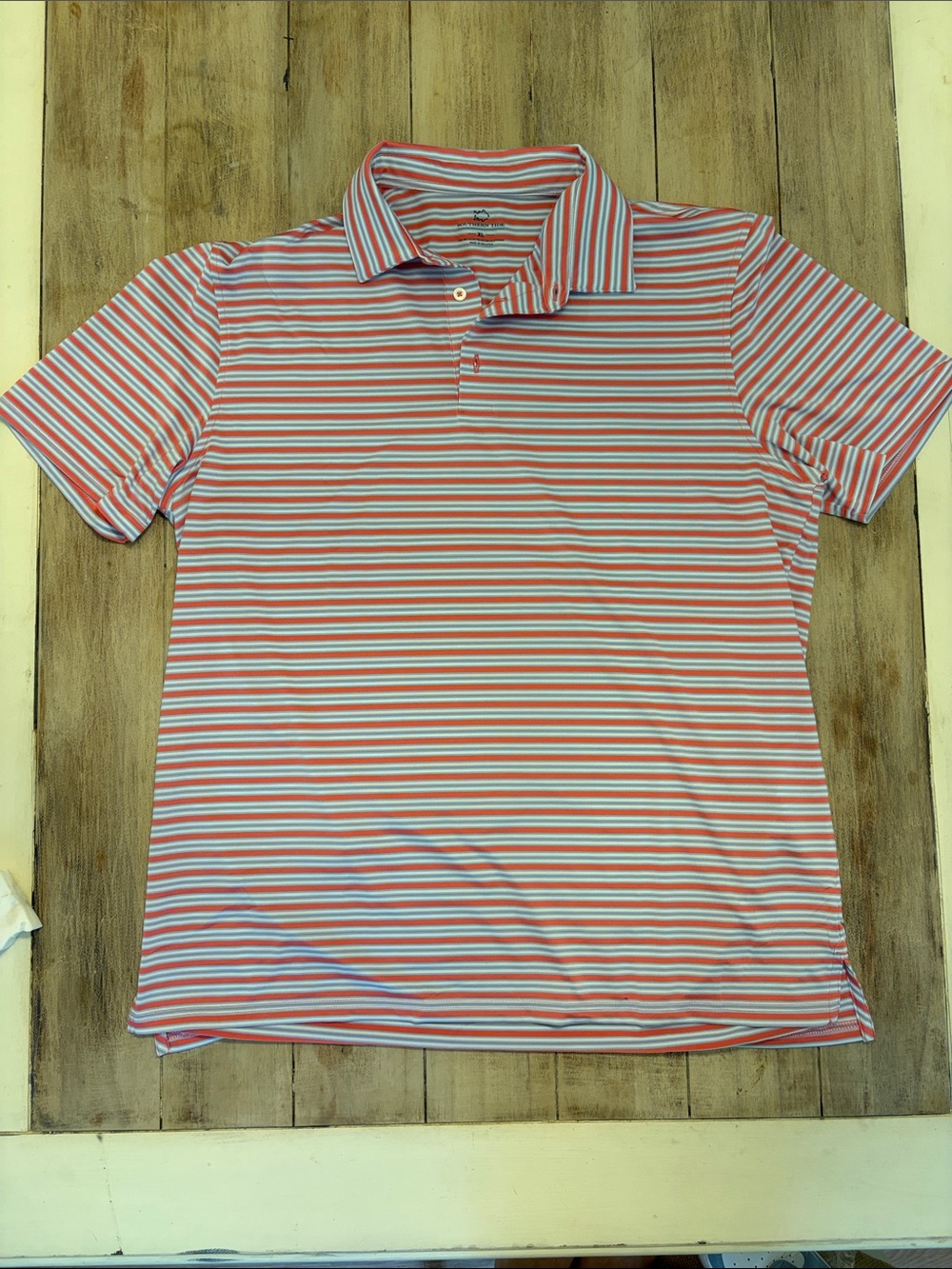 Southern Tide Coral, White & Light Blue Striped Polo